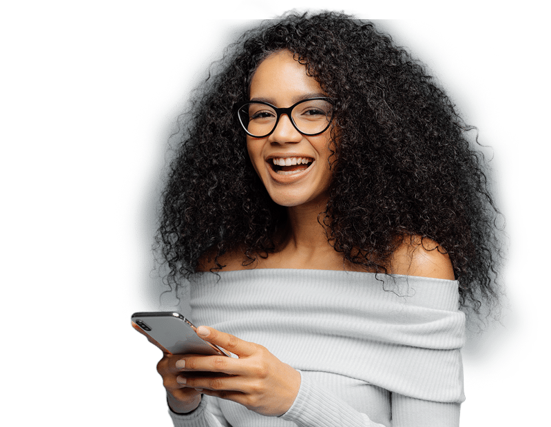 curly-cheerful-woman-gray-bkgd-ret-3 Happy Customer Communicate