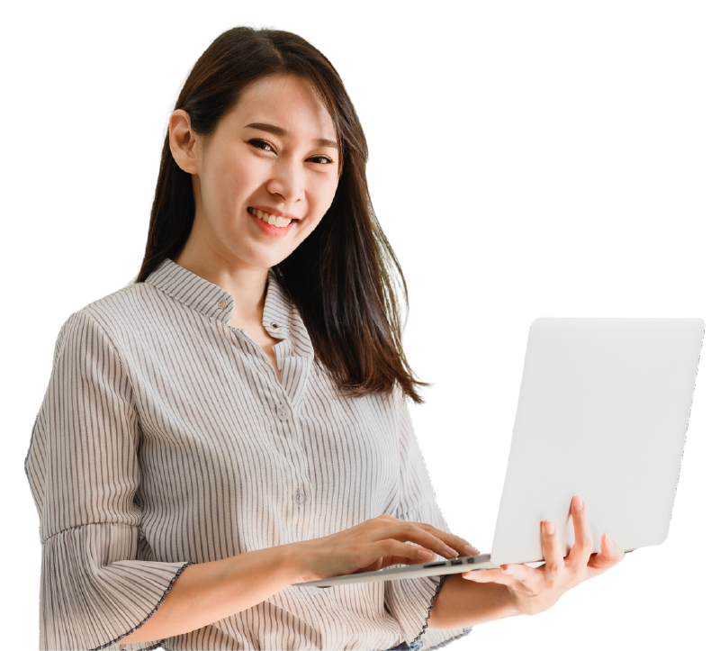 Woman holding laptop Happy Customer Communicate